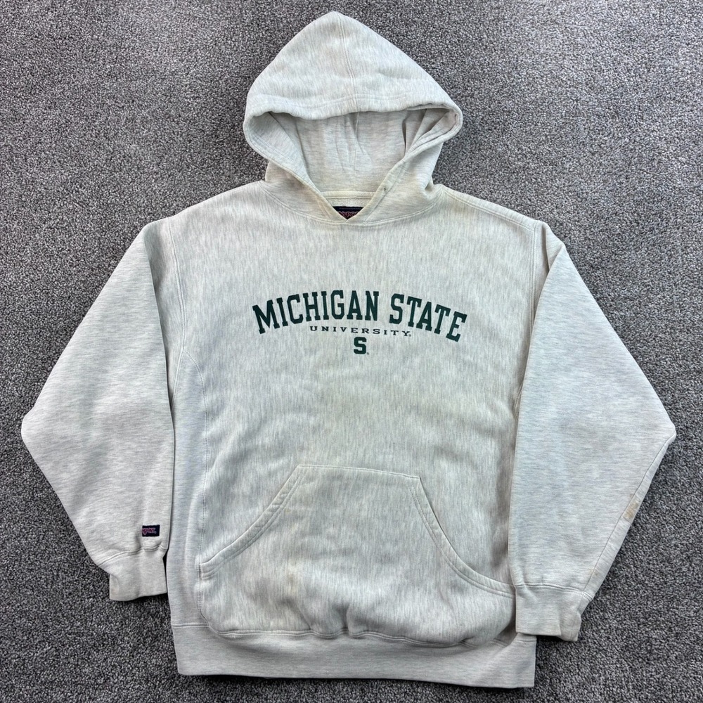 Vintage Michigan State Spartans Hoodie Mens Medium Gray Cotton MSU Cross Grain